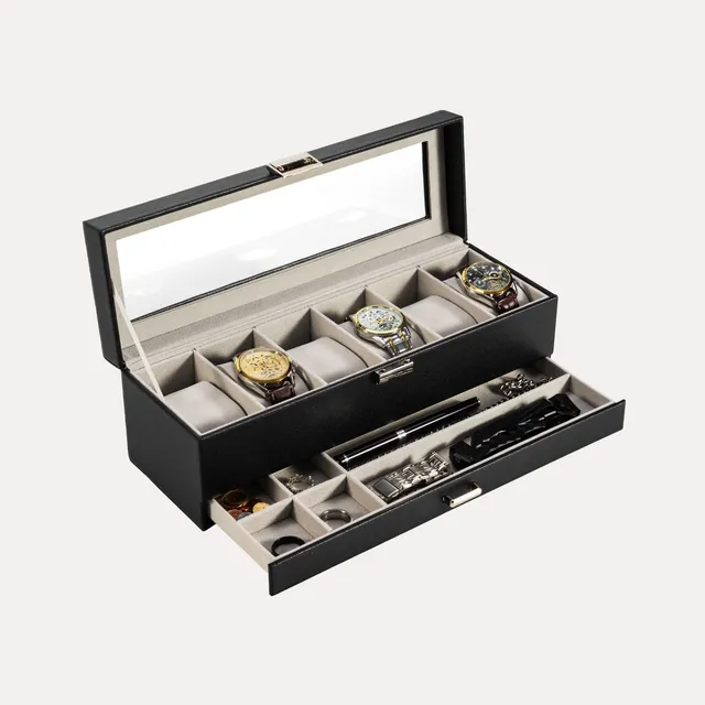 Lolalet Watch Box Uhrenbox Schwarz 6 Fächer Glasdeckel
