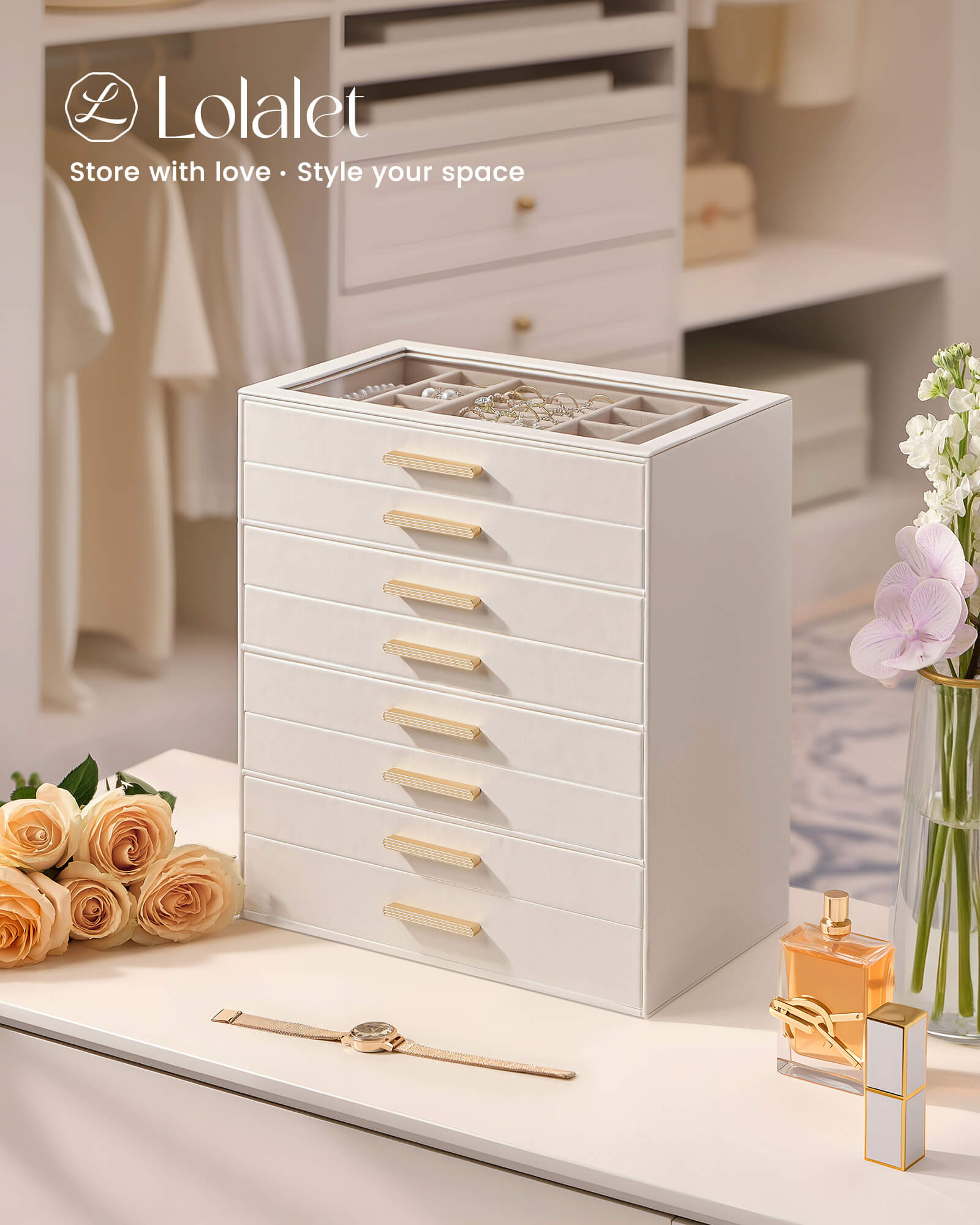 Lolalet Jewelry Box Schmuckkasten Beige Leder 8 Lagen