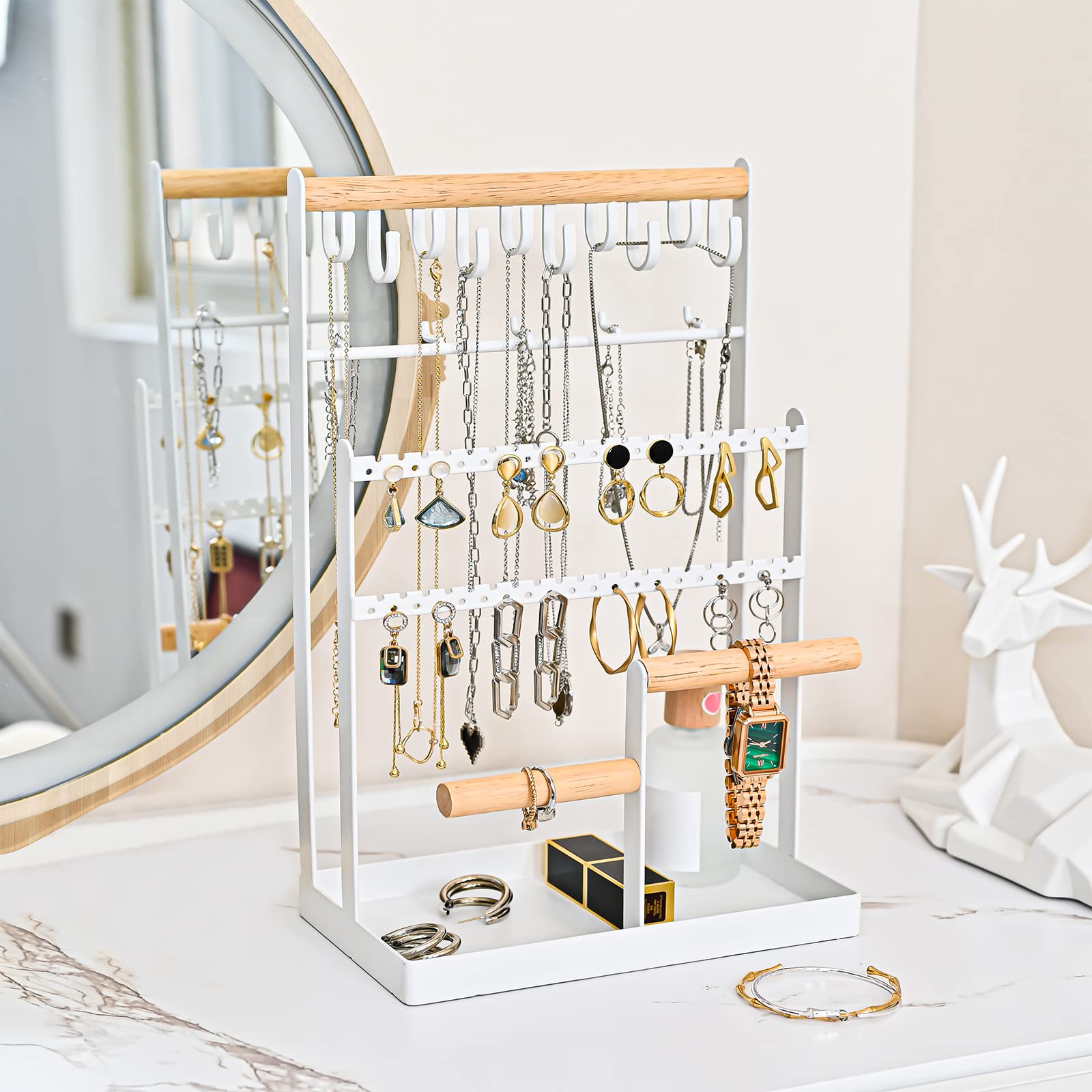 Lolalet Jewelry Stand Schmuckständer Metall weiß 6 Ebenen 15 Haken