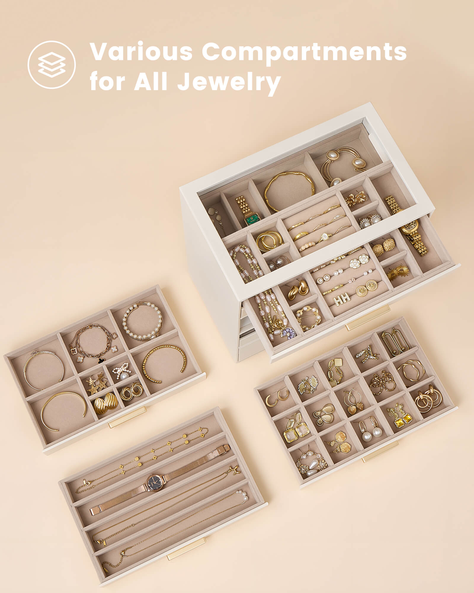 Lolalet Jewelry Box Schmuckkasten Beige Leder 8 Lagen