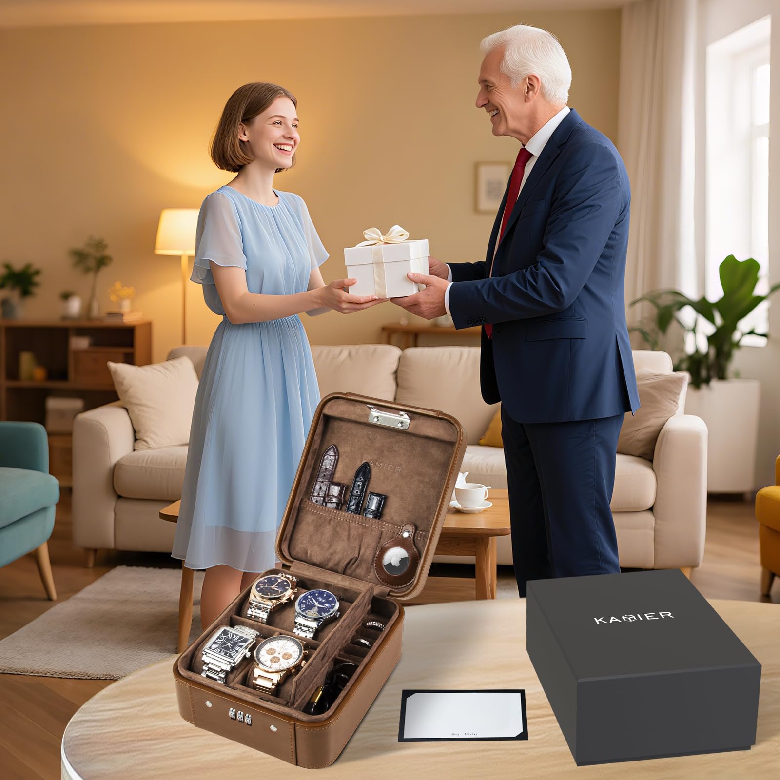 KAMIER Watch Boxes Uhrenbox 4 Uhren Zahlenschloss Leder