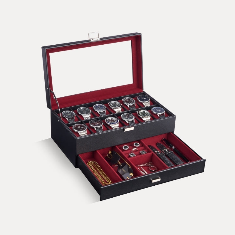 Lolalet Watch Box Uhrenbox 12 Fächer Schwarz 1-lagig Glas