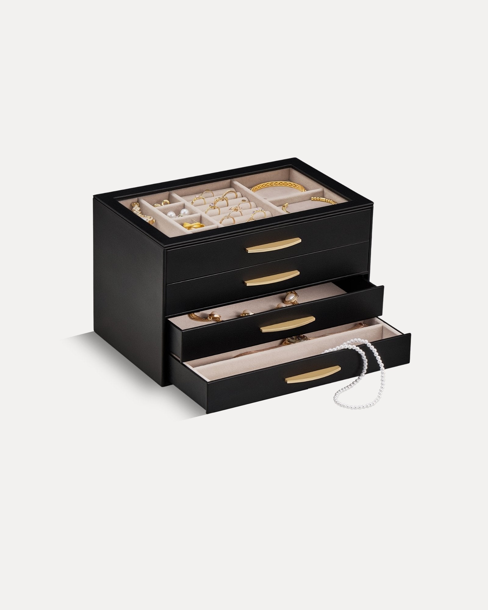Lolalet Jewelry Box Schmuckkasten 4-lagig Schwarz Glasdeckel