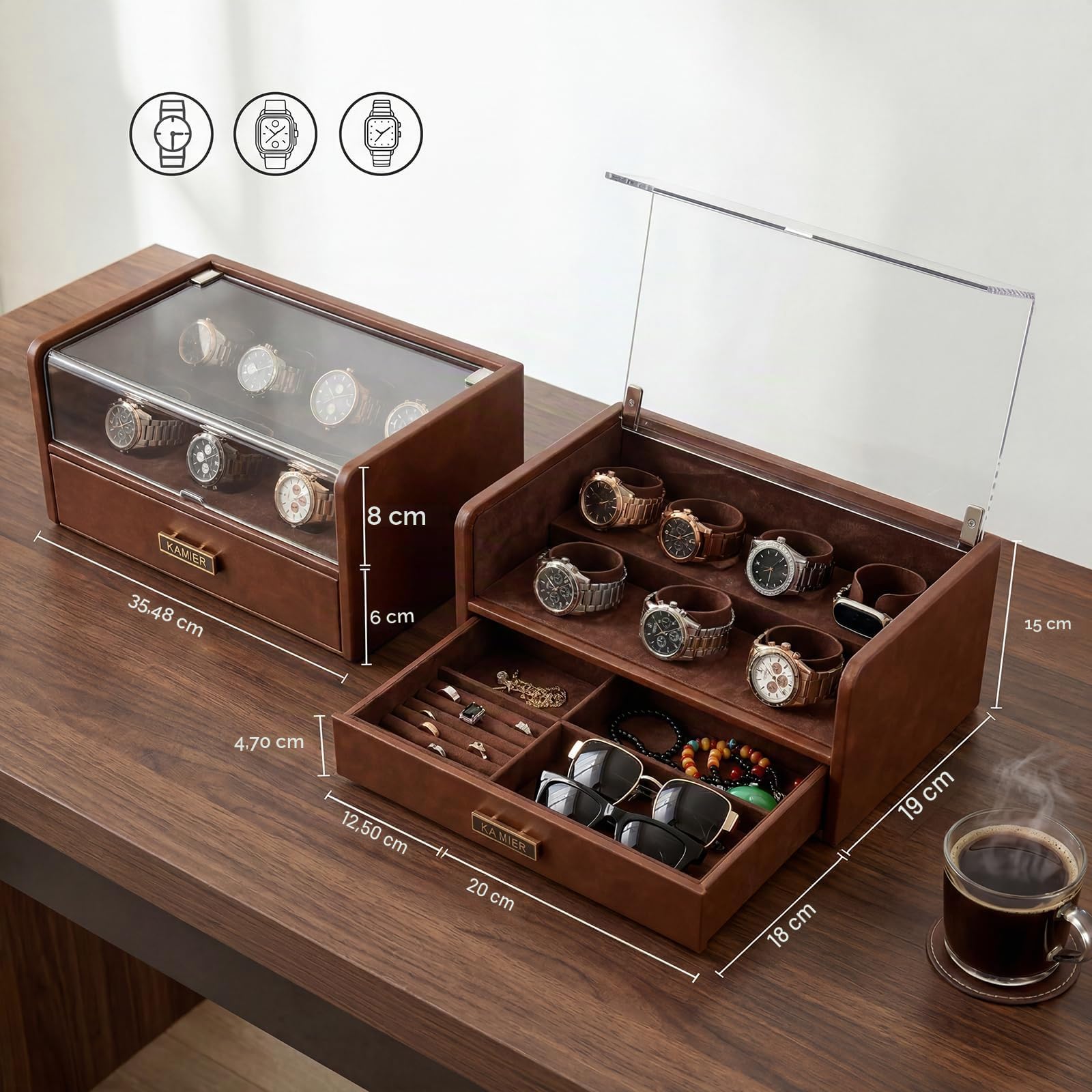 KAMIER Watch Boxes Uhrenbox Braun 7 Fächer Glasdeckel