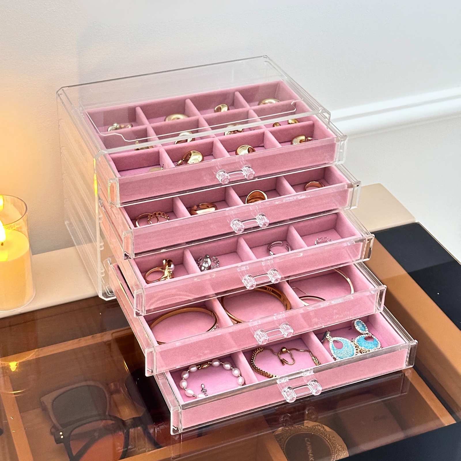 Lolalet Jewelry Box Schmuckkasten Rosa 5 Ebenen Acryl Transparent