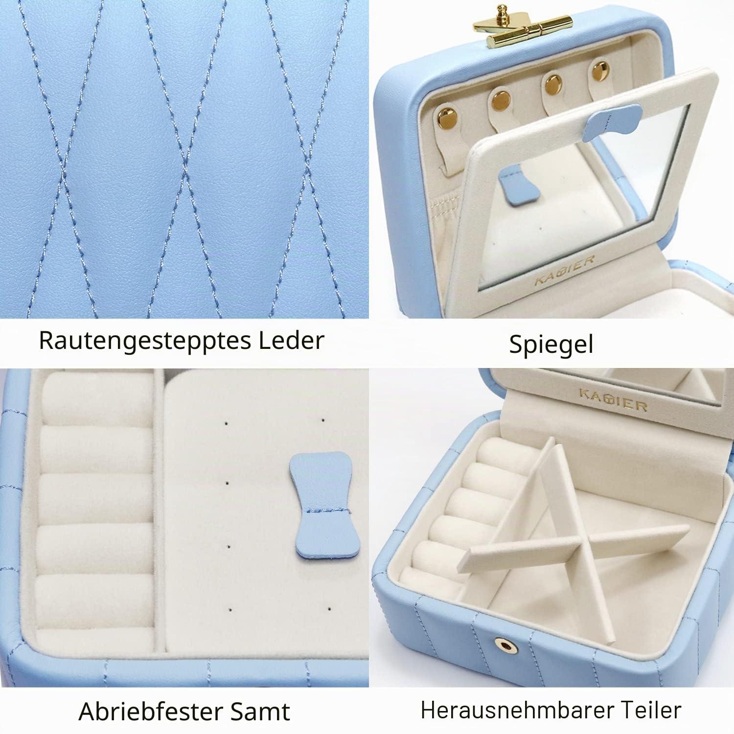 KAMIER Mini Schmuckkästchen Reise Schmuckbox Blau mit Spiegel