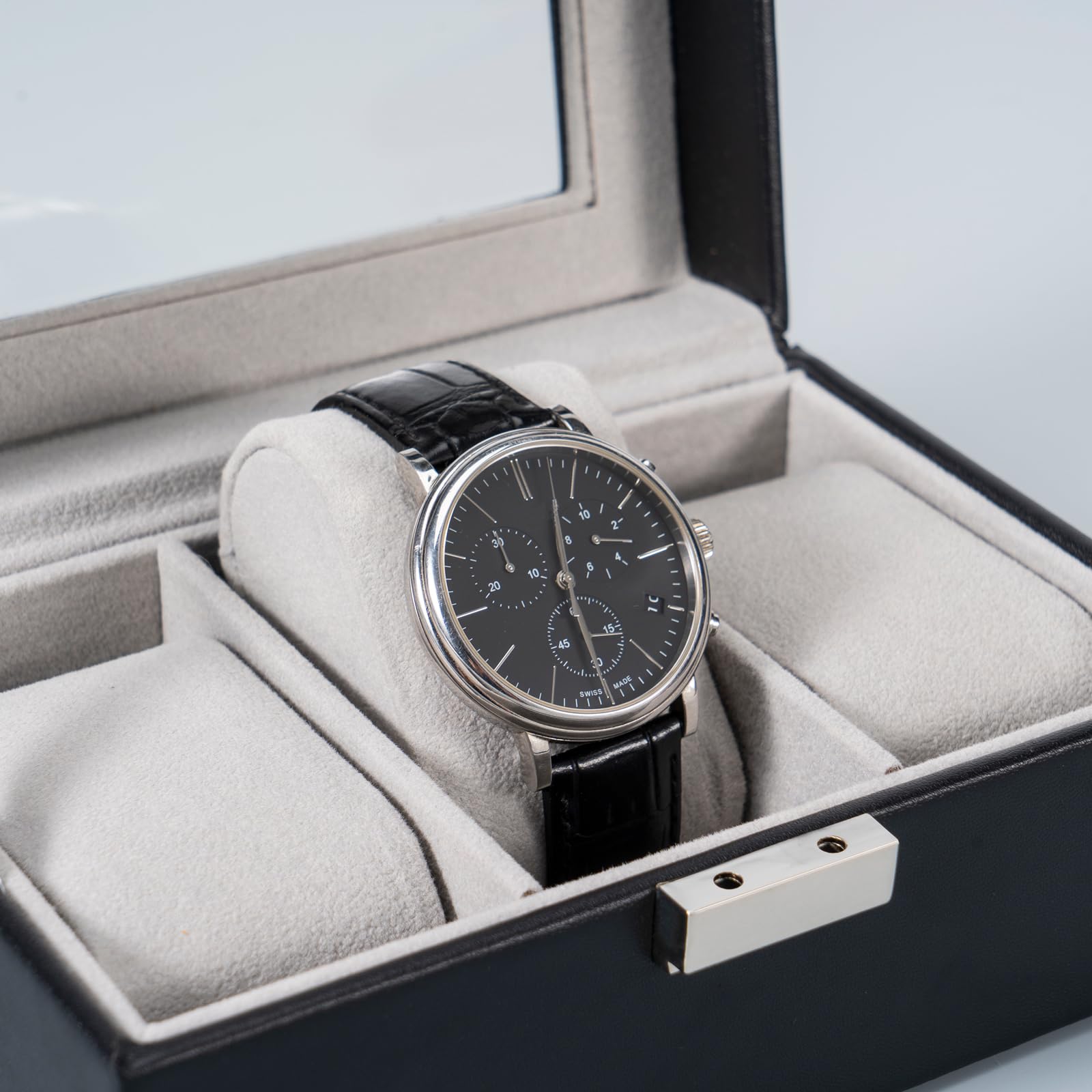Lolalet Watch Box Uhrenbox Schwarz PU Glasdeckel Kissen