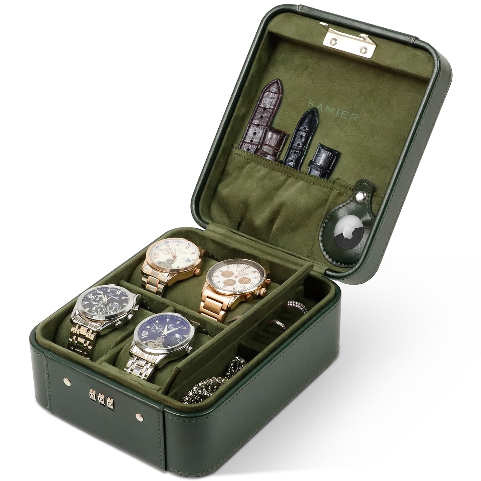 KAMIER Watch Boxes Uhrenbox 4 Uhren Grün Zahlenschloss
