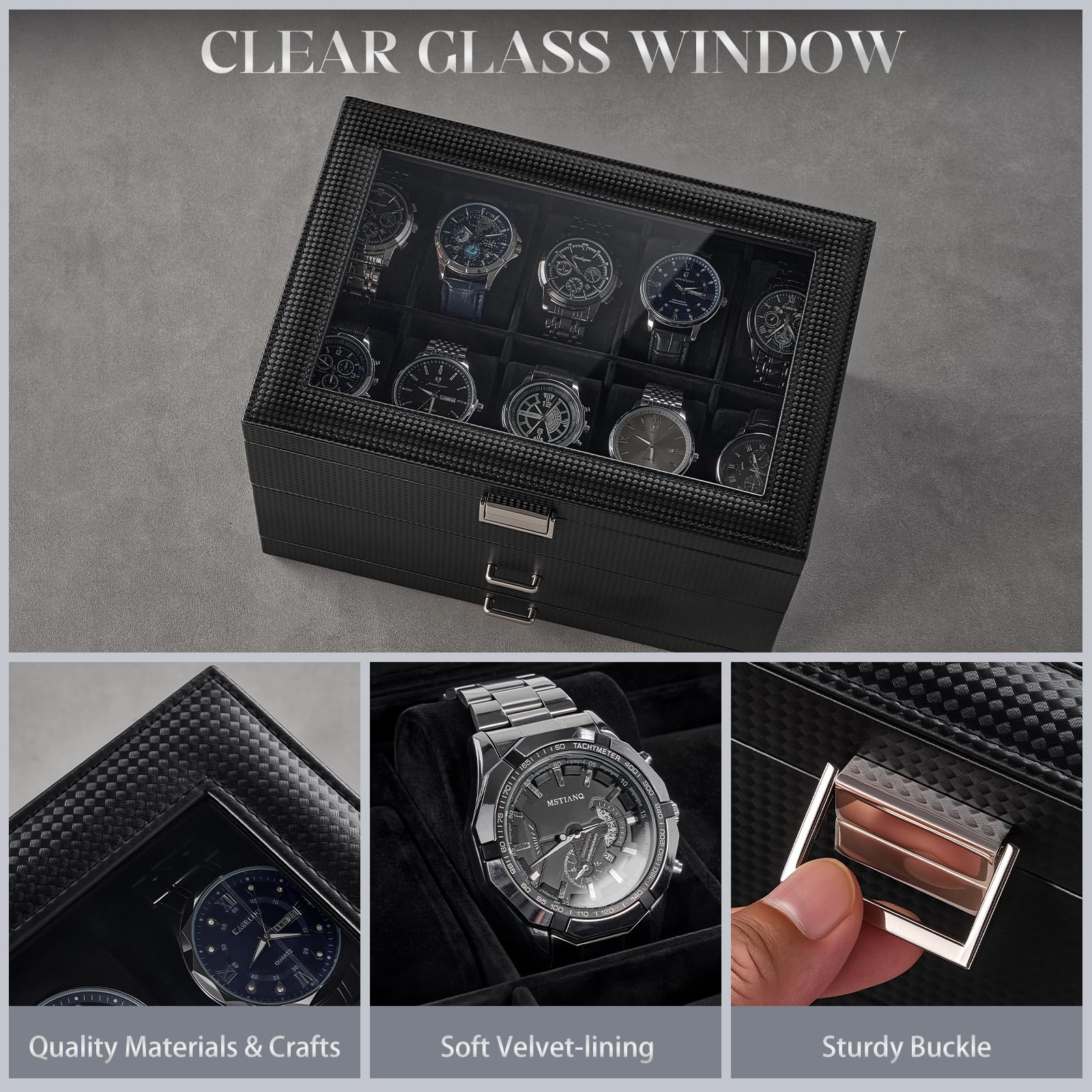 Lolalet Watch Box 3-Layer 20 Slots Uhrenbox Schwarz Glasdeckel
