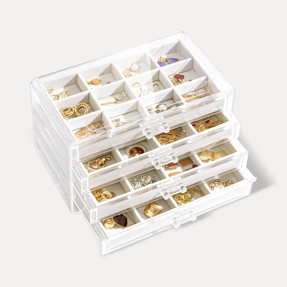 Lolalet Jewelry Box Acryl Schmuckkasten Warmweiß 4 Ebenen Samt