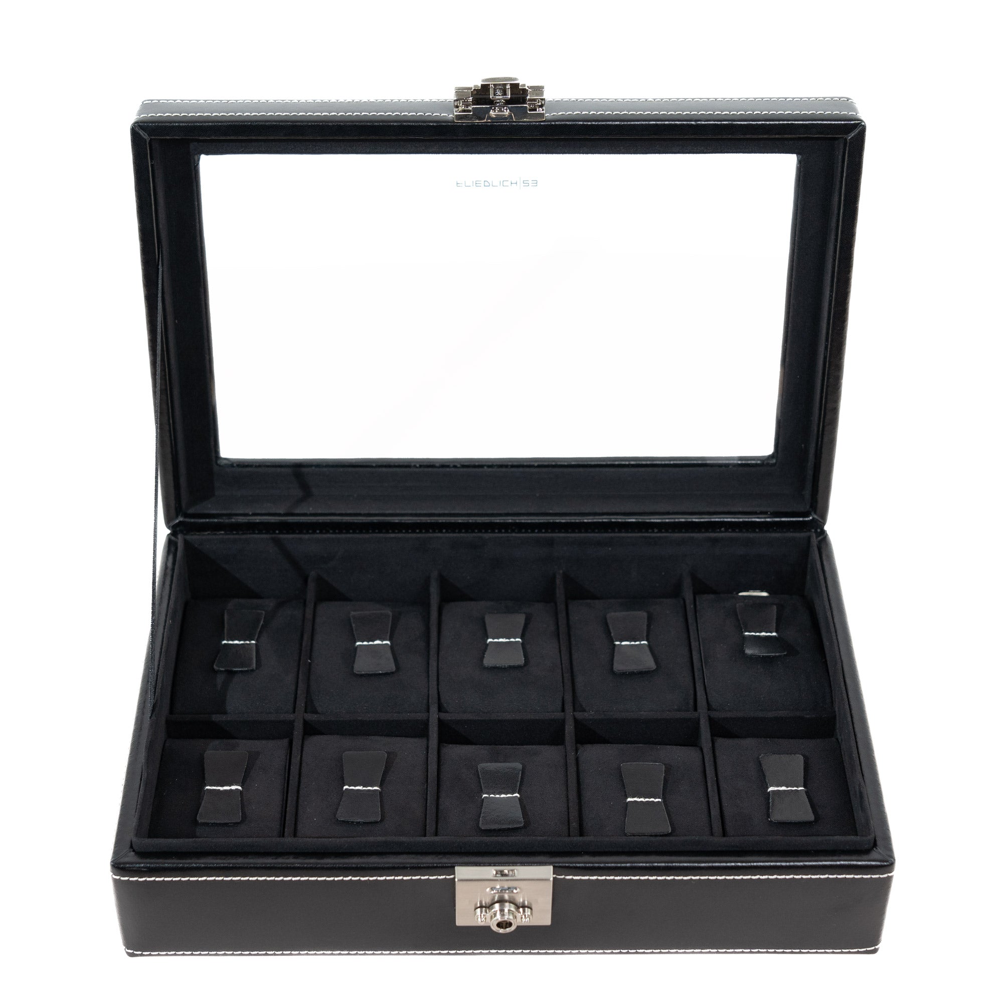 Friedrich 23 London Uhrenbox 10 Uhren Glasdeckel Leder Schwarz