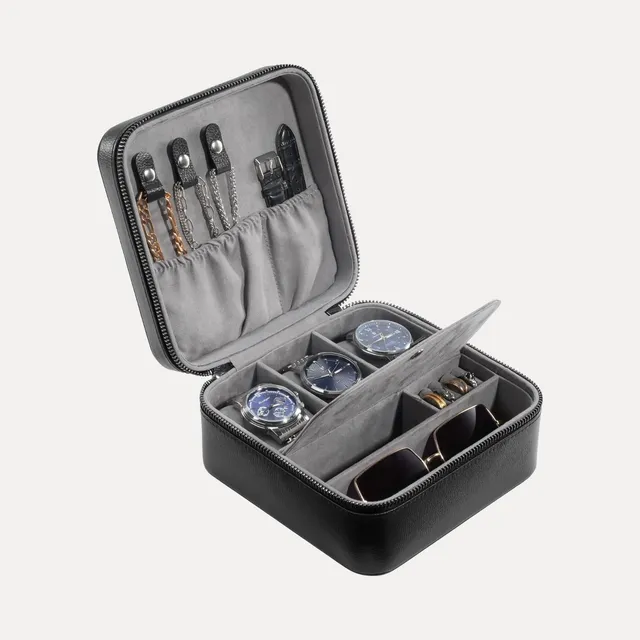 Lolalet Watch Box Reise Uhrenetui Schwarz 2 Fächer Leder