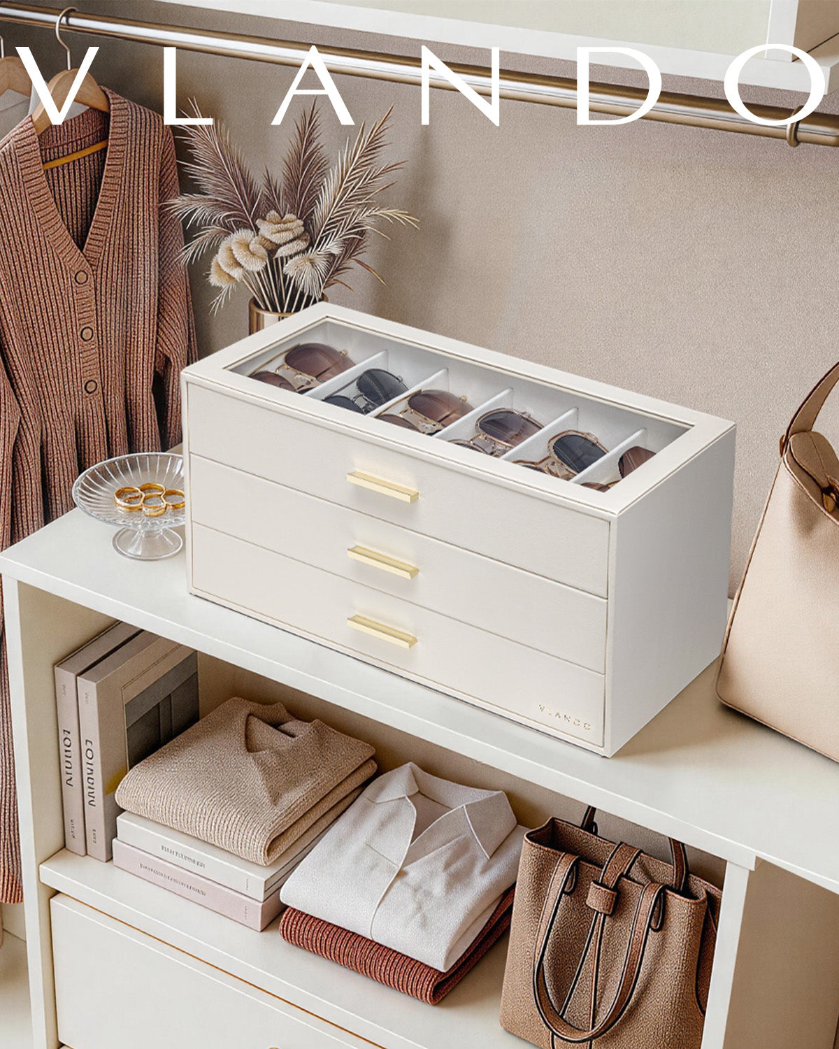 VLANDO Everyday Keepsake Brillenbox 3-stöckig 18 Fächer Cremeweiß