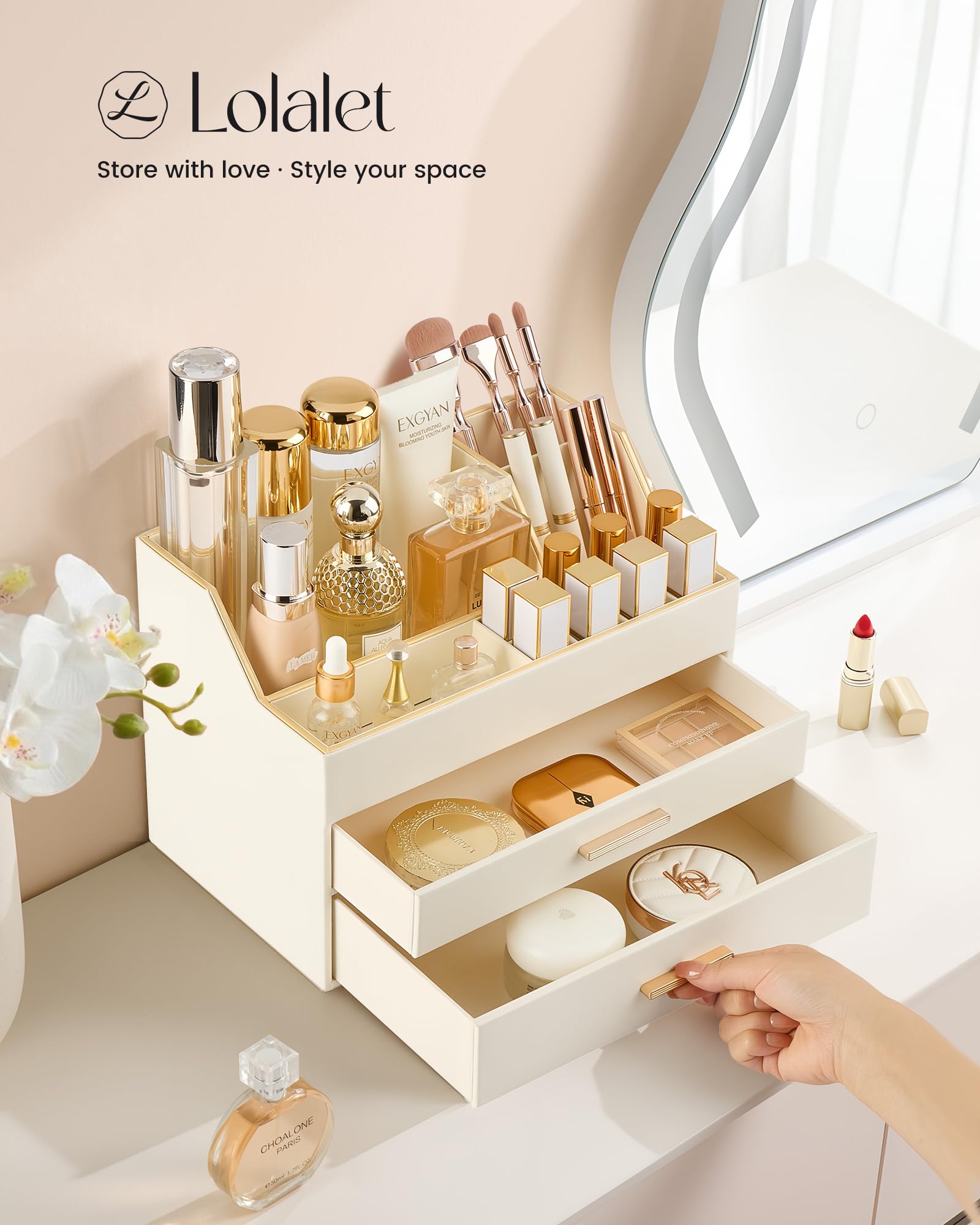 Lolalet Makeup Organizer Schminktisch 2 Schubladen Leder Gold