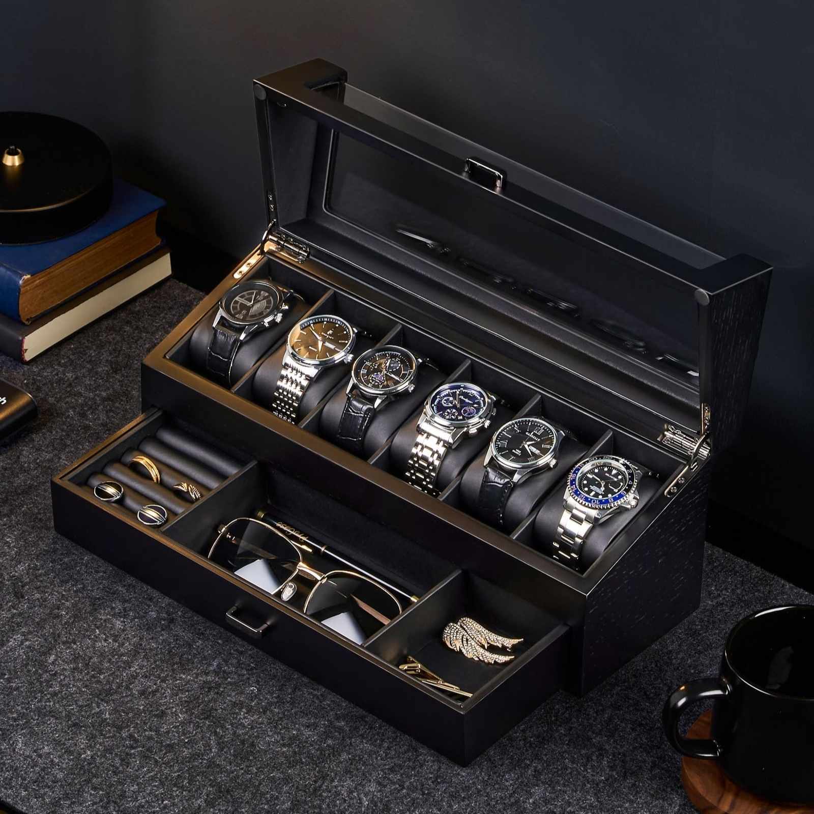 Lolalet Watch Box Uhrenbox Holz schwarz 6 Fächer mit Glas