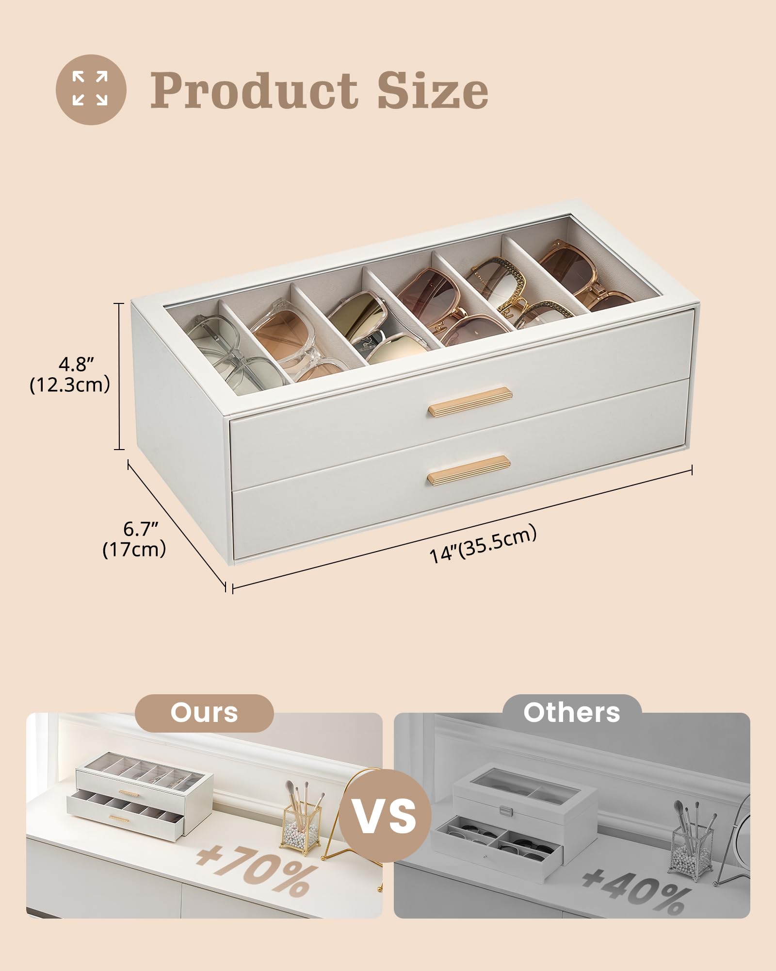 Lolalet Sunglass Box Brillenbox Beige 12 Fächer Glasdeckel