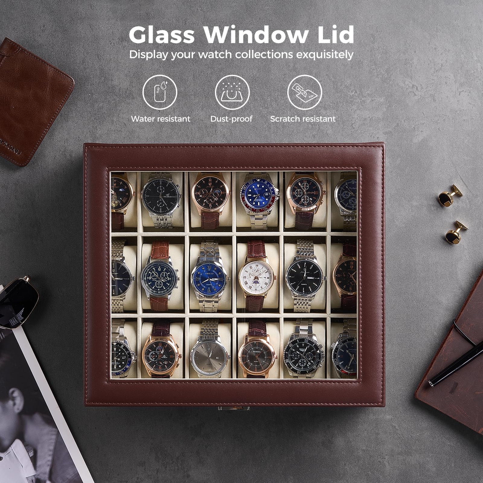 Lolalet Watch Box Uhrenbox Braun 12 Fächer Glas