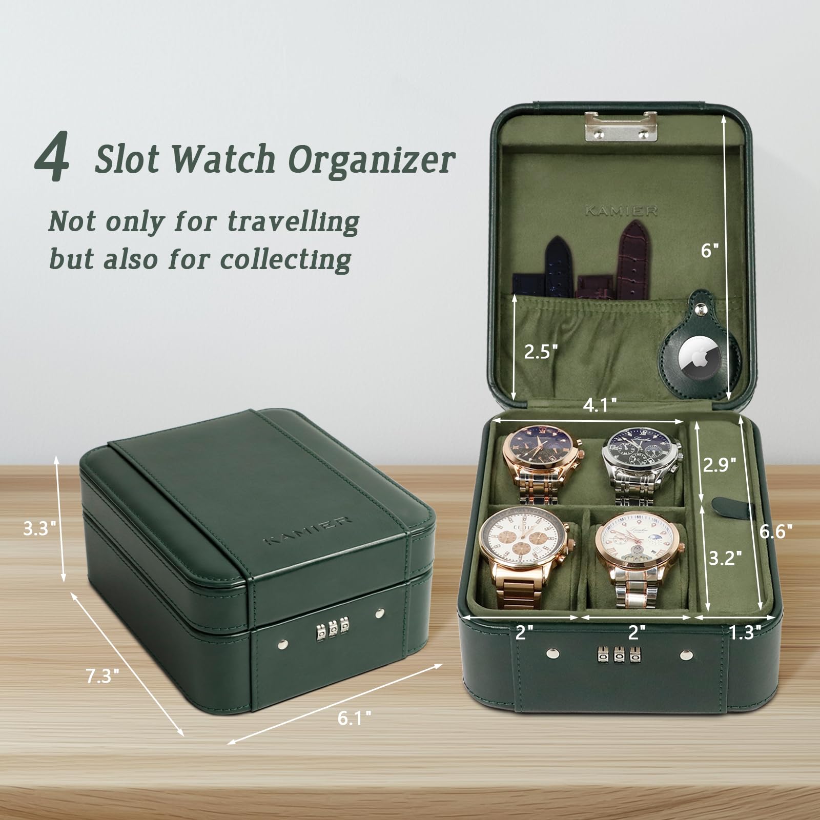 KAMIER Watch Boxes Uhrenbox 4 Uhren Grün Zahlenschloss