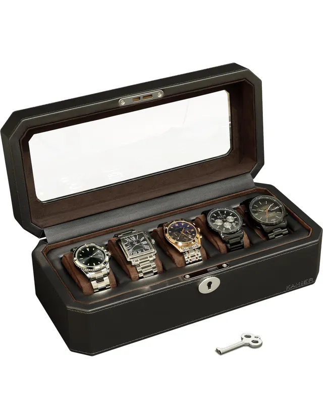KAMIER Watch Boxes Uhrenbox 5 Fächer Schwarz PU-Leder Schloss
