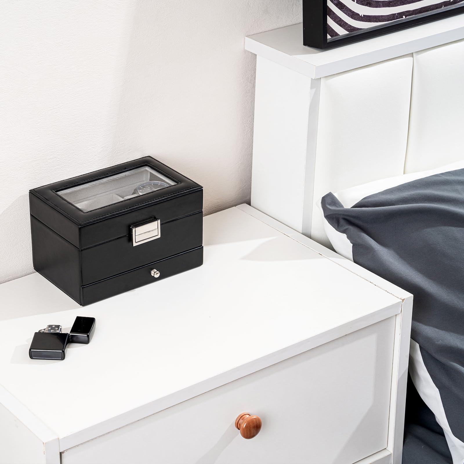 Lolalet Watch Box Uhrenbox Schwarz 3 Fächer mit Glasdeckel