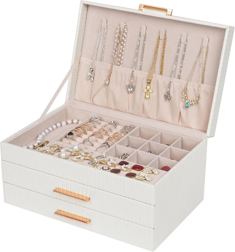 Dajasan Large Jewelry Box Schmuckkästchen Weiß 3 Ebenen Leder