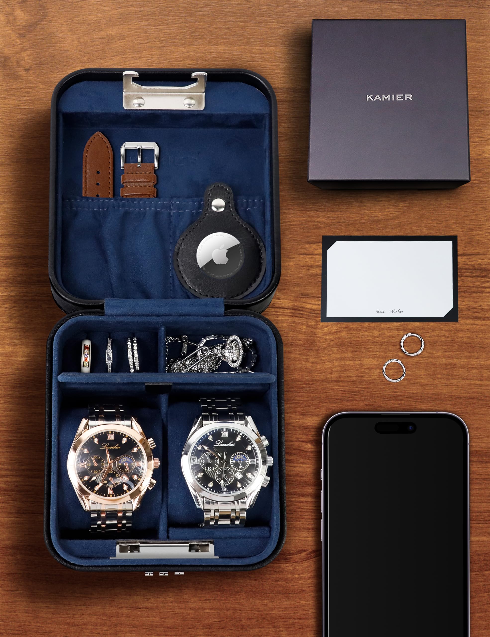 KAMIER Watch Boxes Uhrenbox 2 Uhren Schwarz PU-Leder Schloss