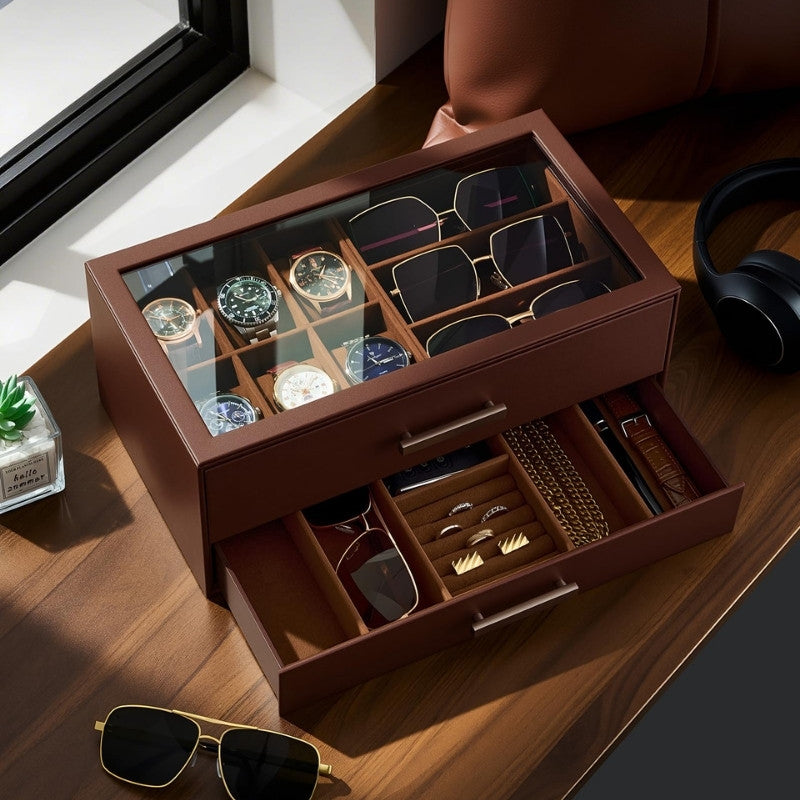 Lolalet Watch Box Uhrenbox Braun 2-stufig Glasdeckel 6 Uhren