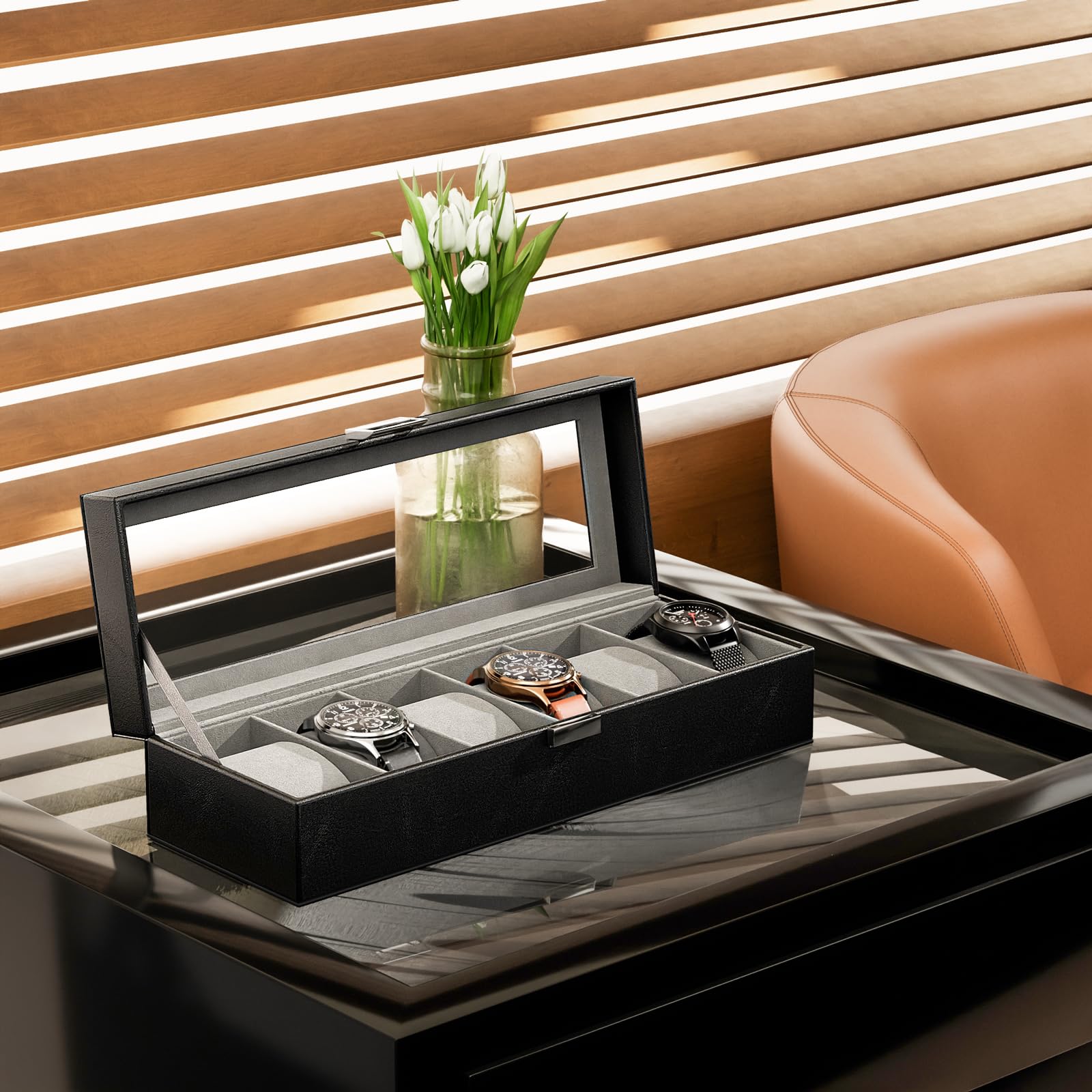 Lolalet Watch Box Uhrenbox 6 Fächer Schwarz Glasdeckel PU