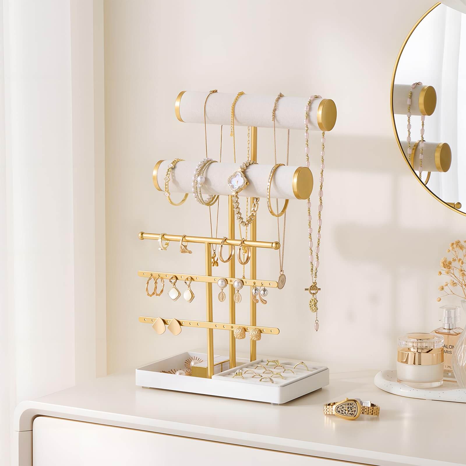 Lolalet Jewelry Stand Schmuckständer 5 Ebenen Weiß Samt