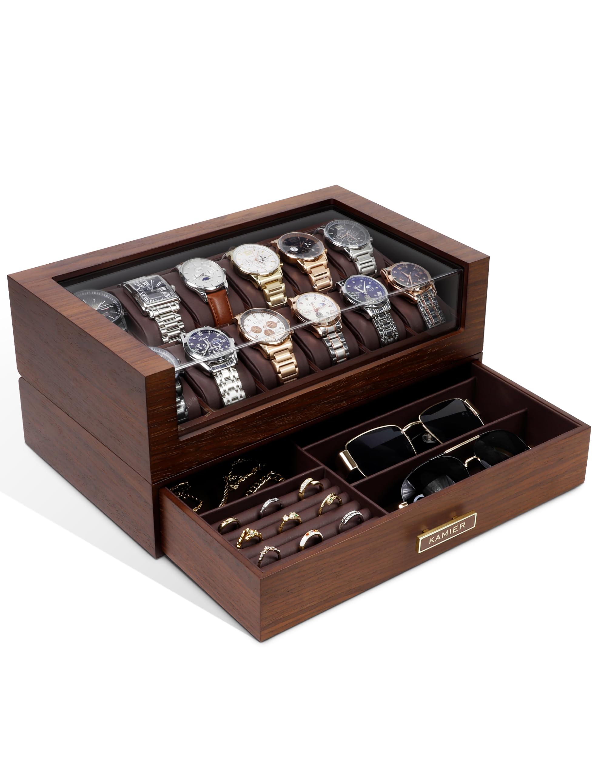 KAMIER Watch Boxes Uhrenbox 12 Fächer Walnuss Holz