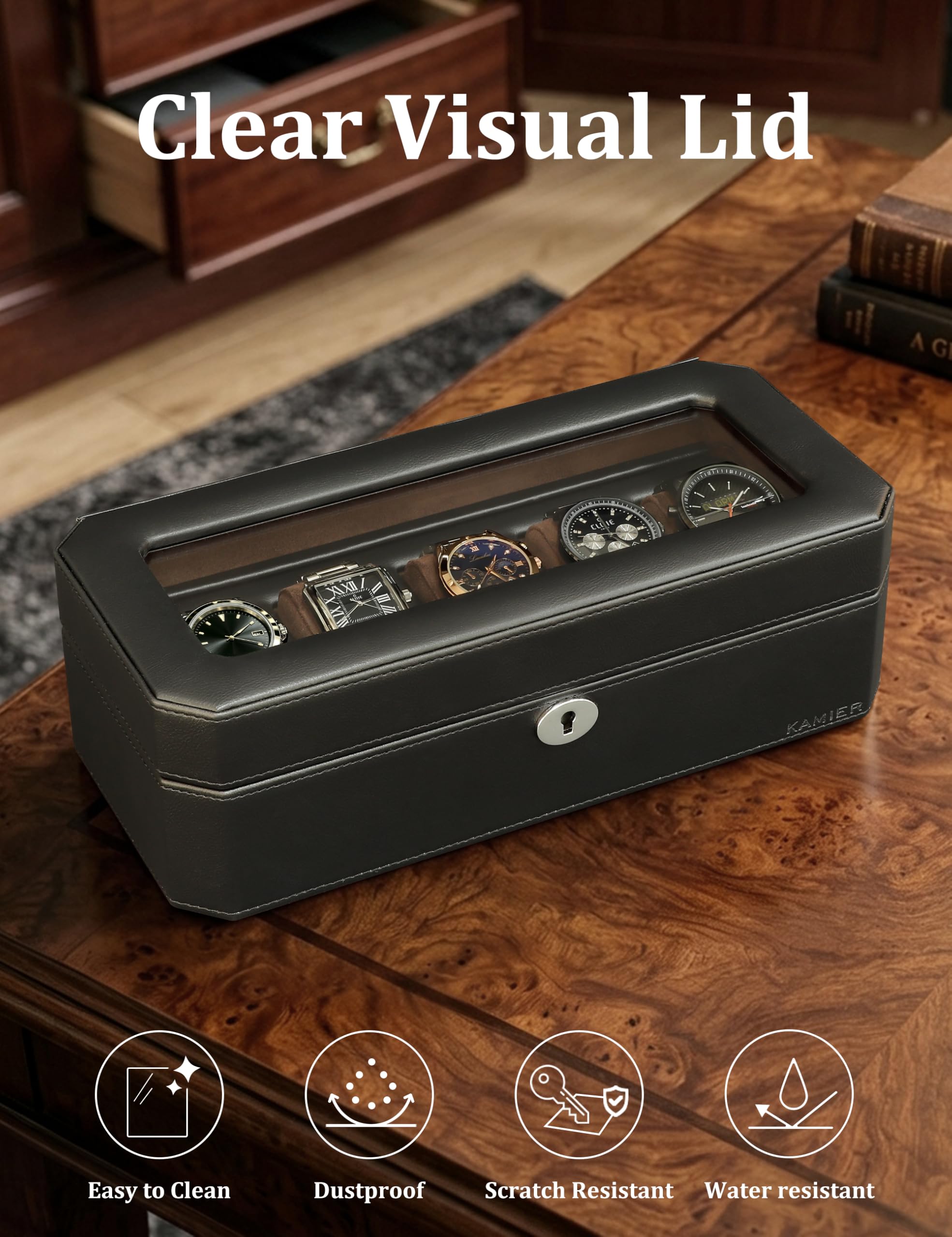 KAMIER Watch Boxes Uhrenbox 5 Fächer Schwarz PU-Leder Schloss