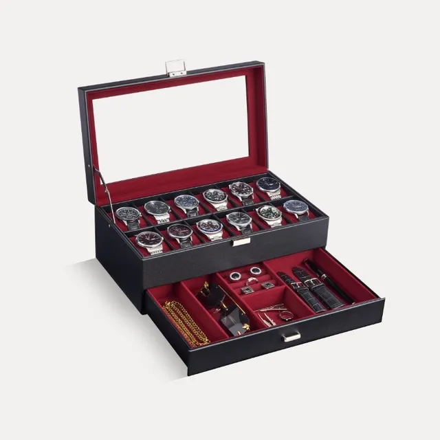 Lolalet Watch Box Uhrenbox 12 Fächer Schwarz 1-lagig Glas