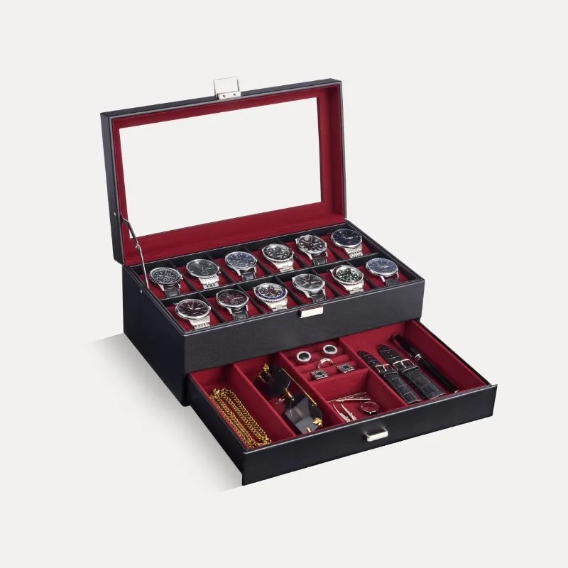 Lolalet Watch Box Uhrenbox 12 Fächer Schwarz 1-lagig Glas