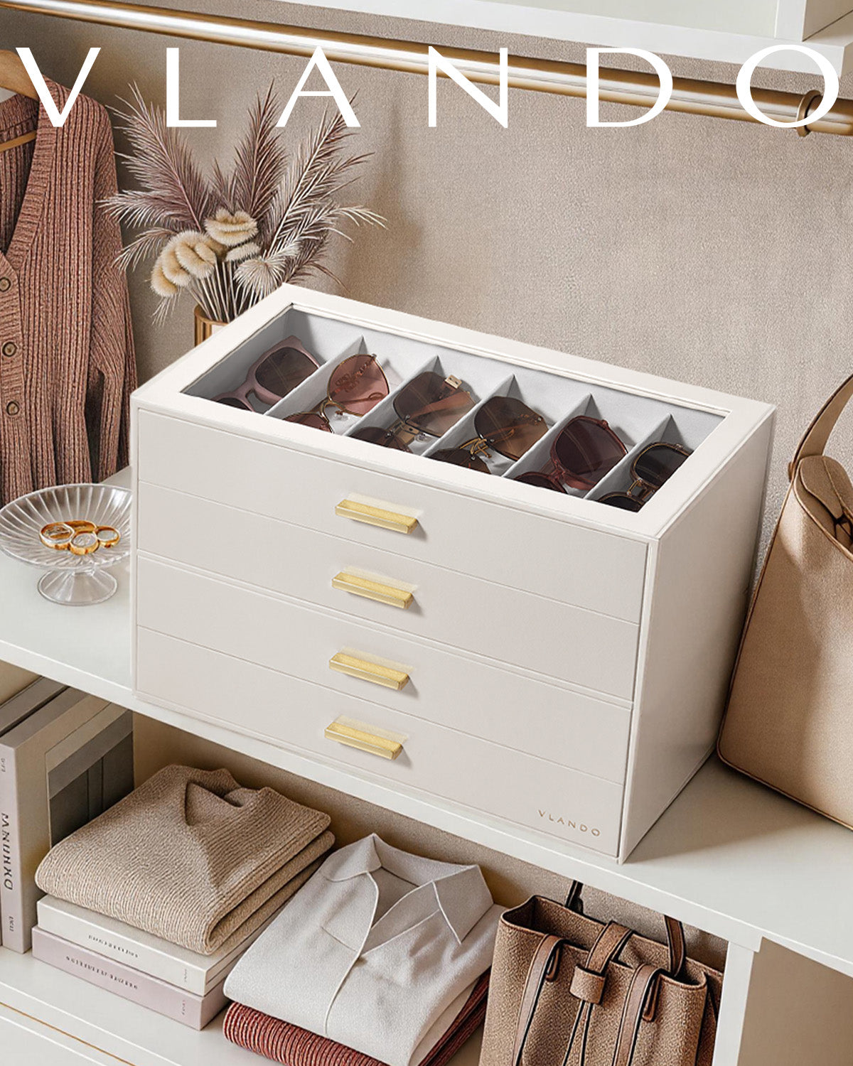 VLANDO Everyday Keepsake Brillenbox 4-stöckig 24 Fächer Cremeweiß