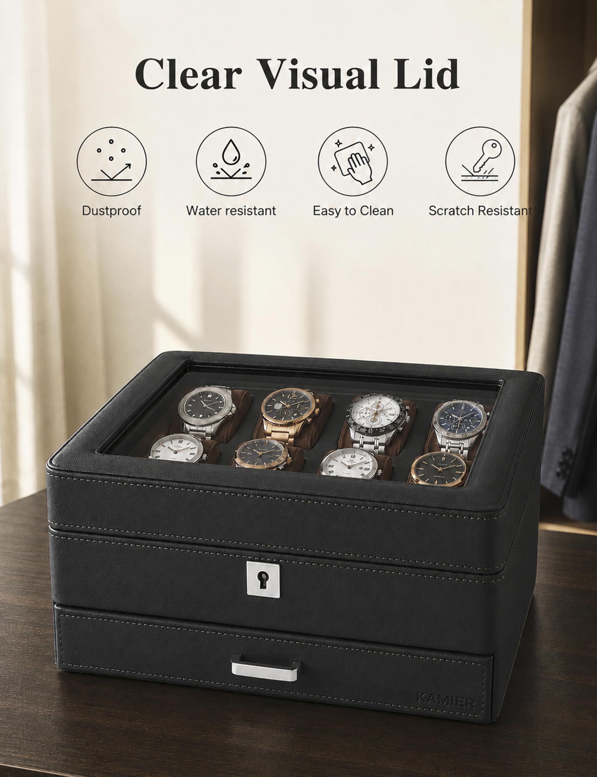 KAMIER Watch Boxes Uhrenbox 8 Uhren Schwarz 2 Ebenen