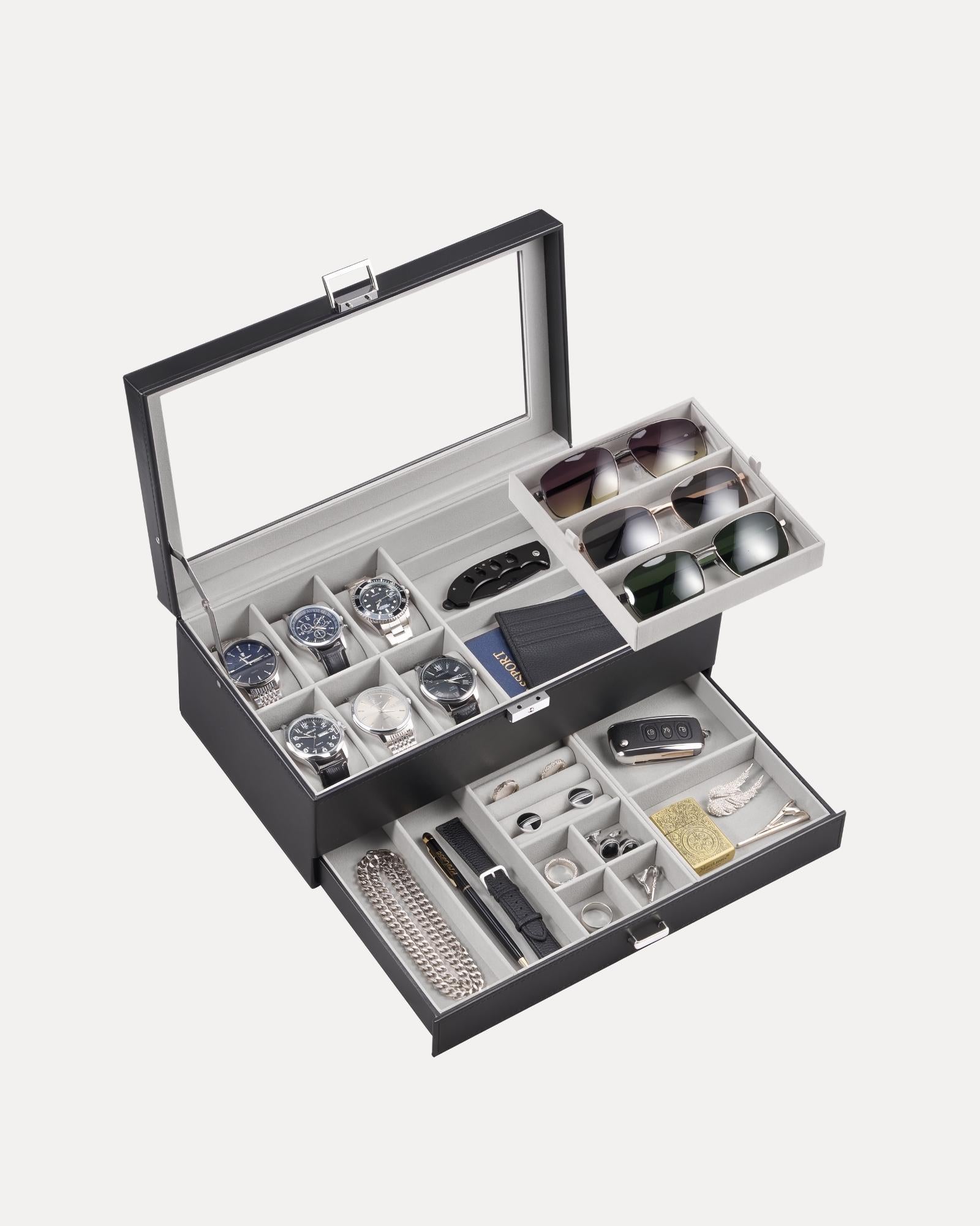 Lolalet Jewelry Box Schmuckkasten Grau 6 Uhren Glasdeckel