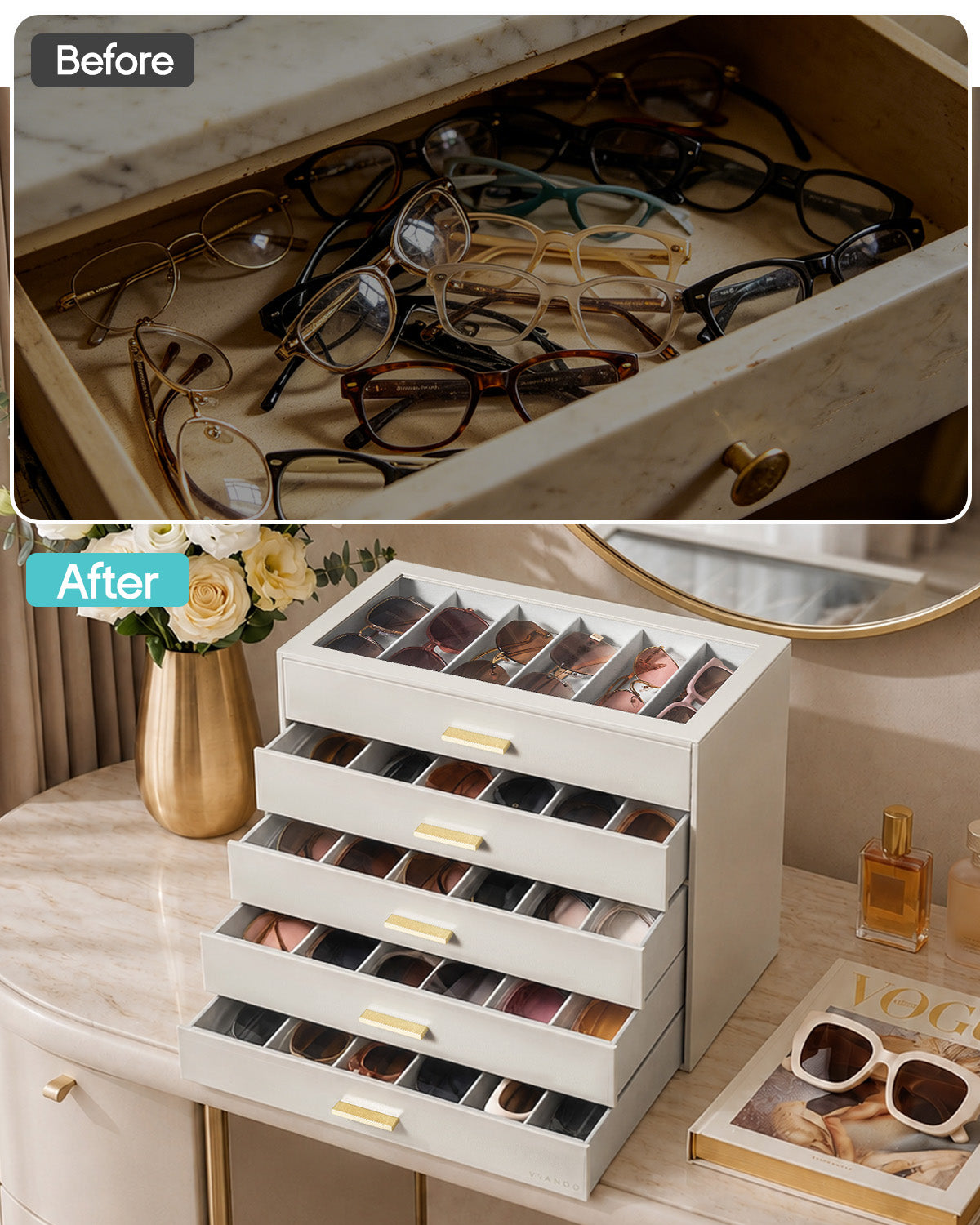 VLANDO Everyday Keepsake Brillenbox 5-stöckig 30 Fächer Cremeweiß