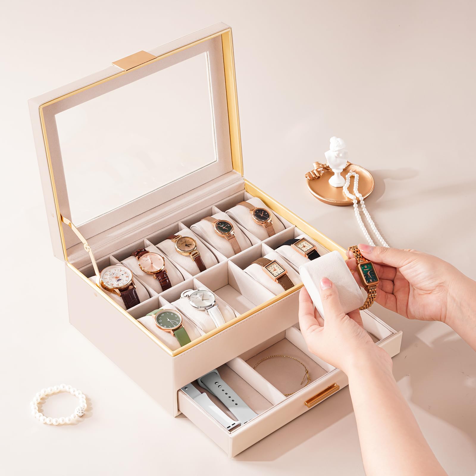 Lolalet Watch Box Uhrenbox Schwarz 10 Fächer mit Schublade