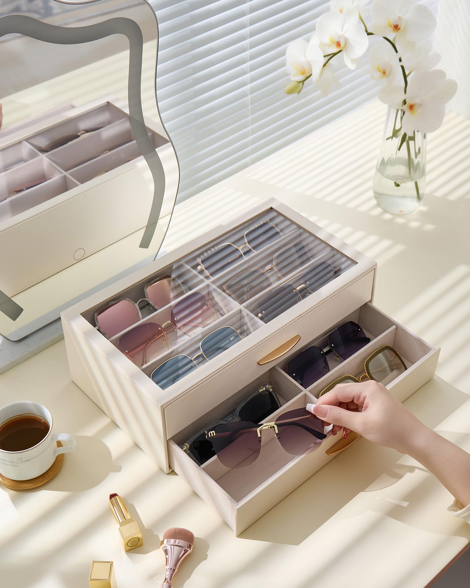 Lolalet Sunglass Box Brillenbox Weiß 12 Fächer mit Schublade
