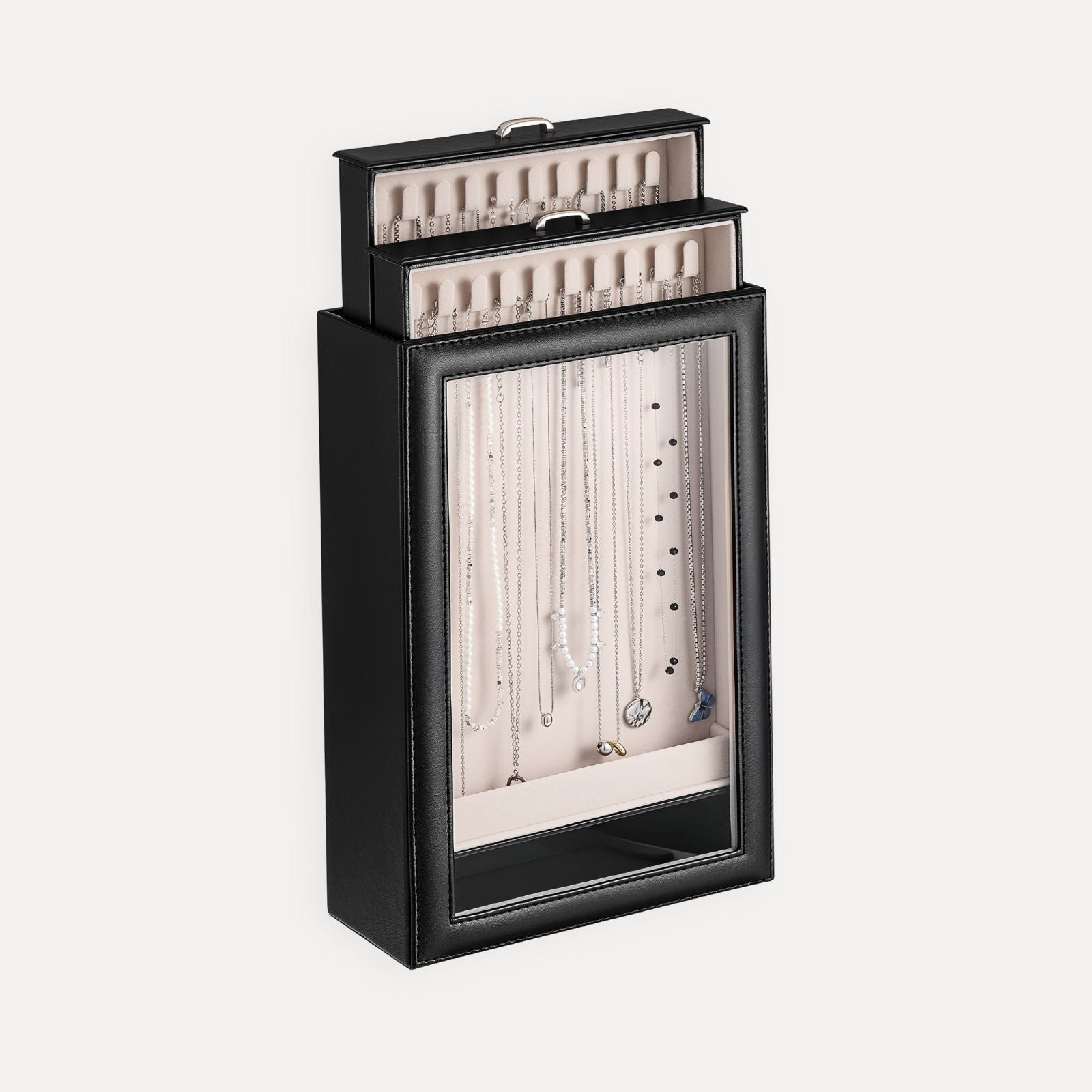Lolalet Jewelry Box Kettenkasten Schwarz mit Glasdeckel 20 Haken