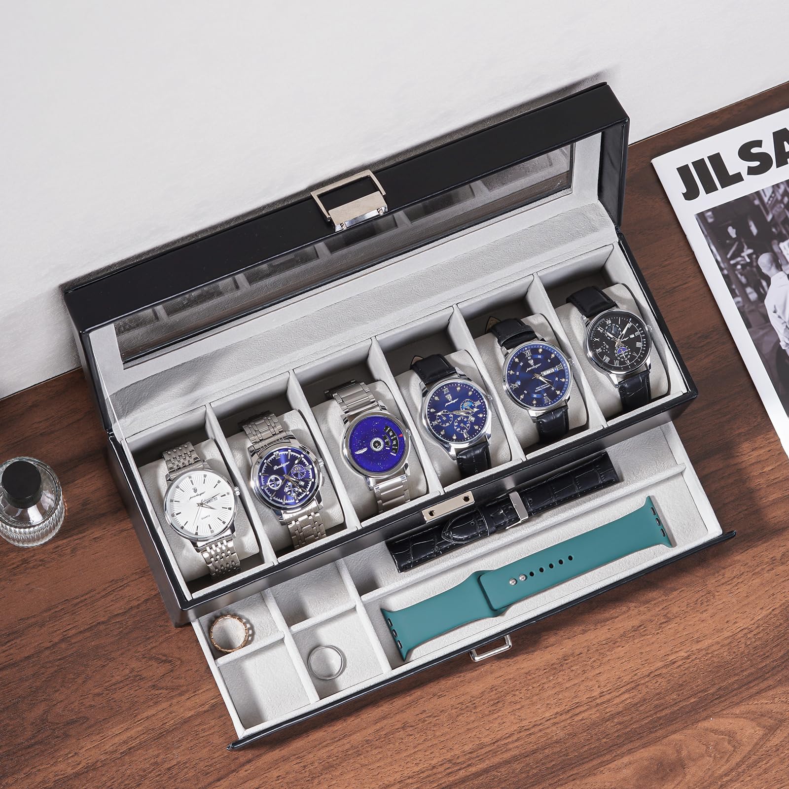 Lolalet Watch Box Uhrenbox Schwarz 6 Fächer Glasdeckel