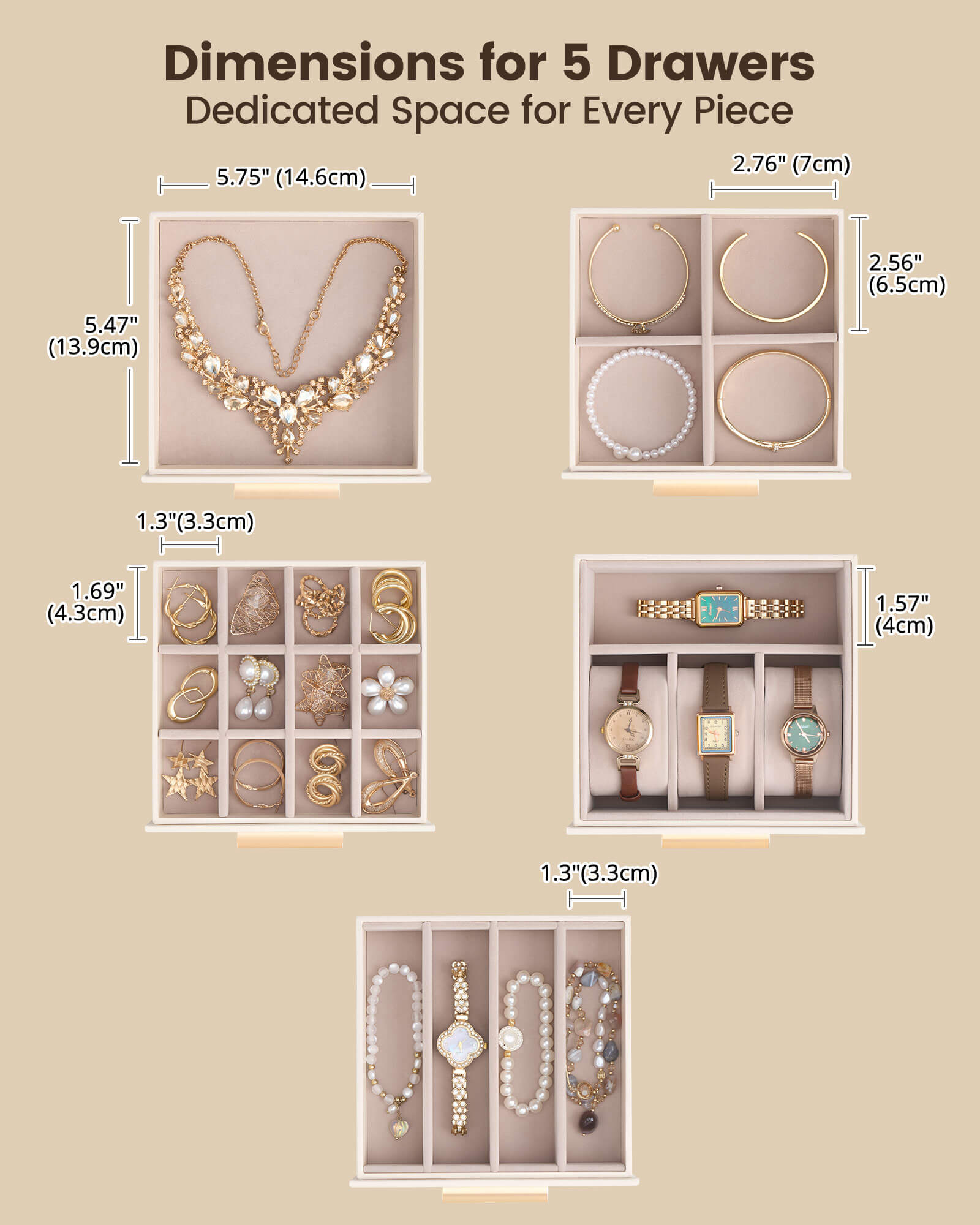 Lolalet Jewelry Box Schmuckkasten beige 6 Lagen mit Spiegel