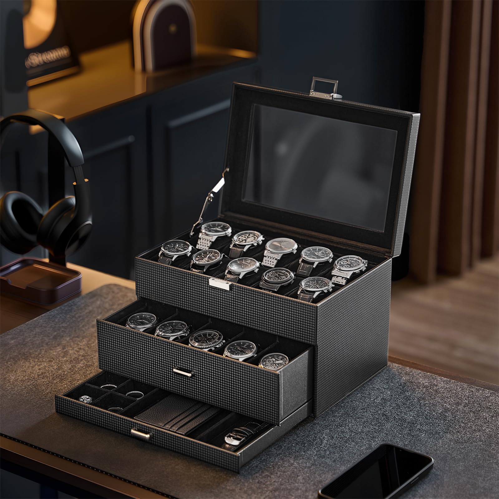 Lolalet Watch Box 3-Layer 20 Slots Uhrenbox Schwarz Glasdeckel