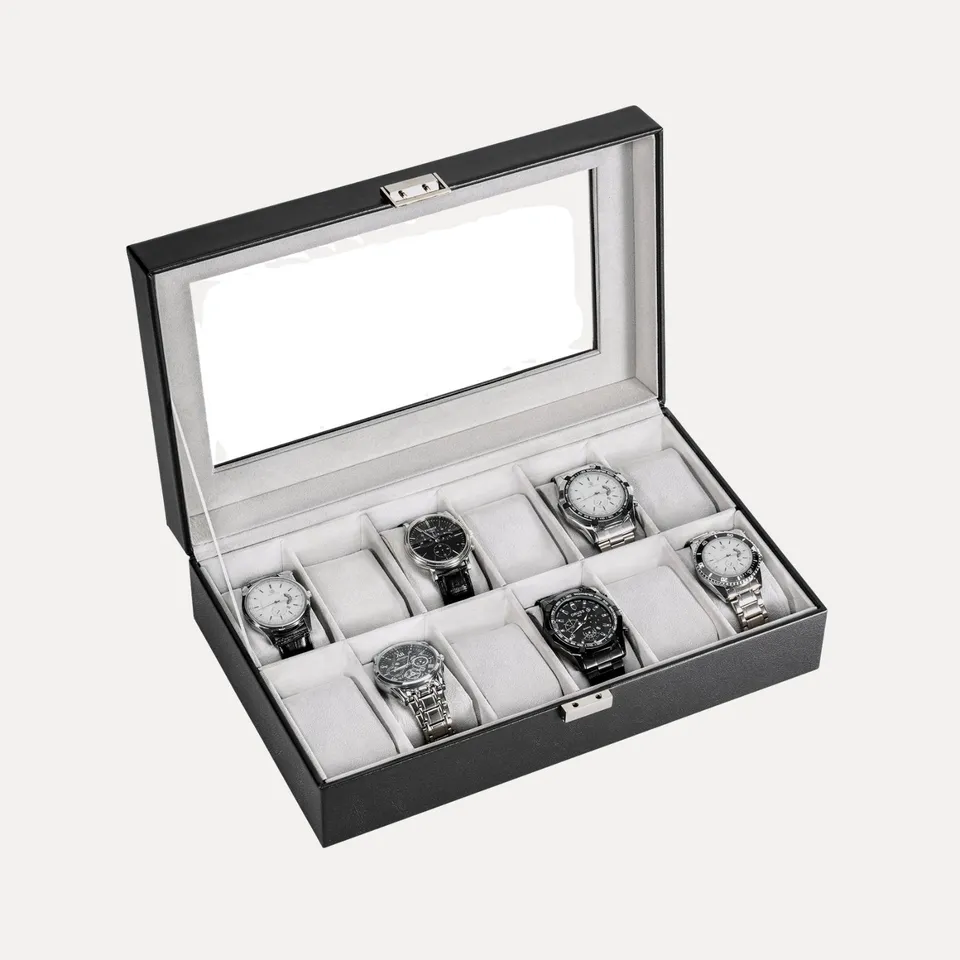 Lolalet Watch Box Uhrenbox Schwarz 12 Fächer Glasdeckel