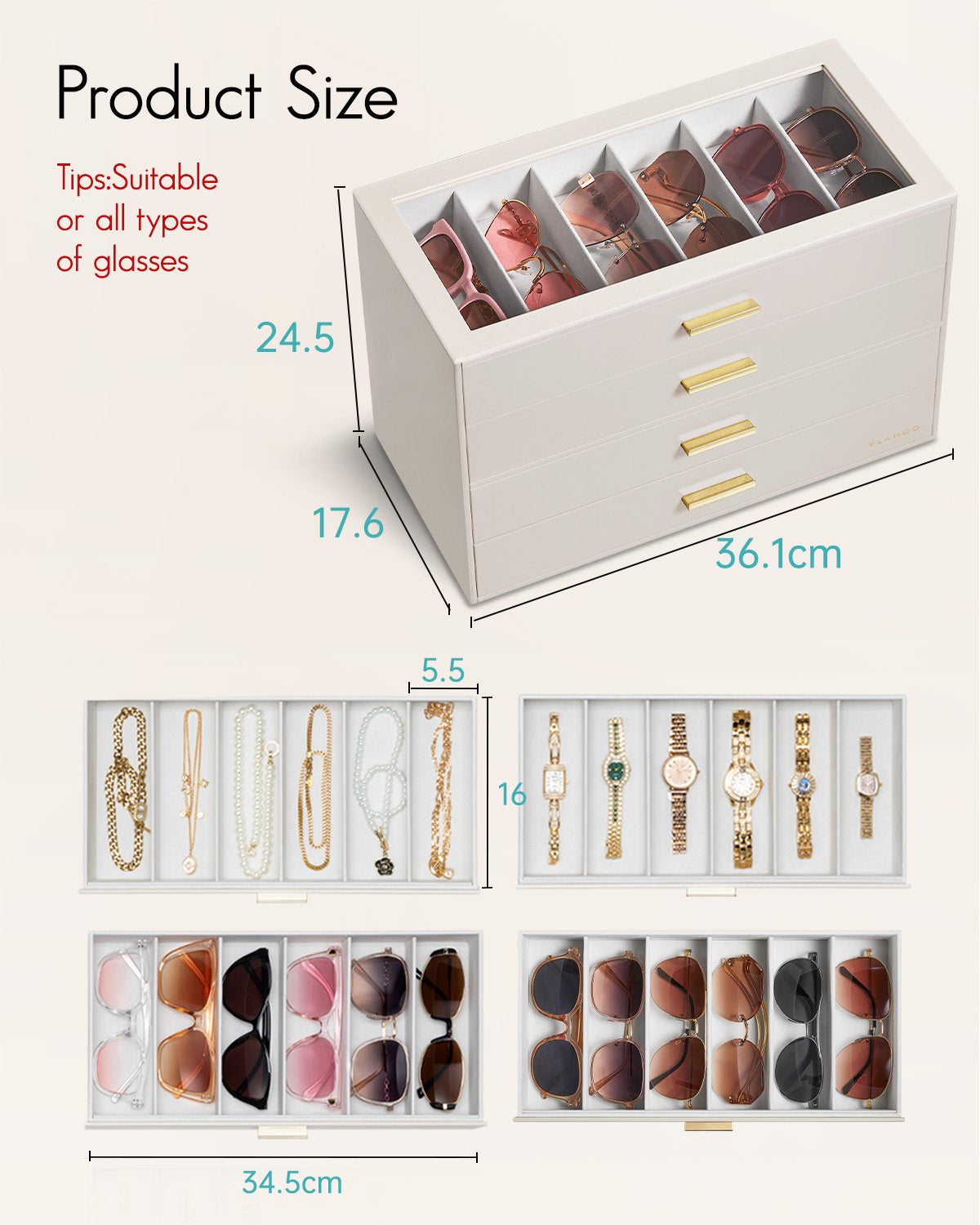 VLANDO Everyday Keepsake Brillenbox 4-stöckig 24 Fächer Cremeweiß