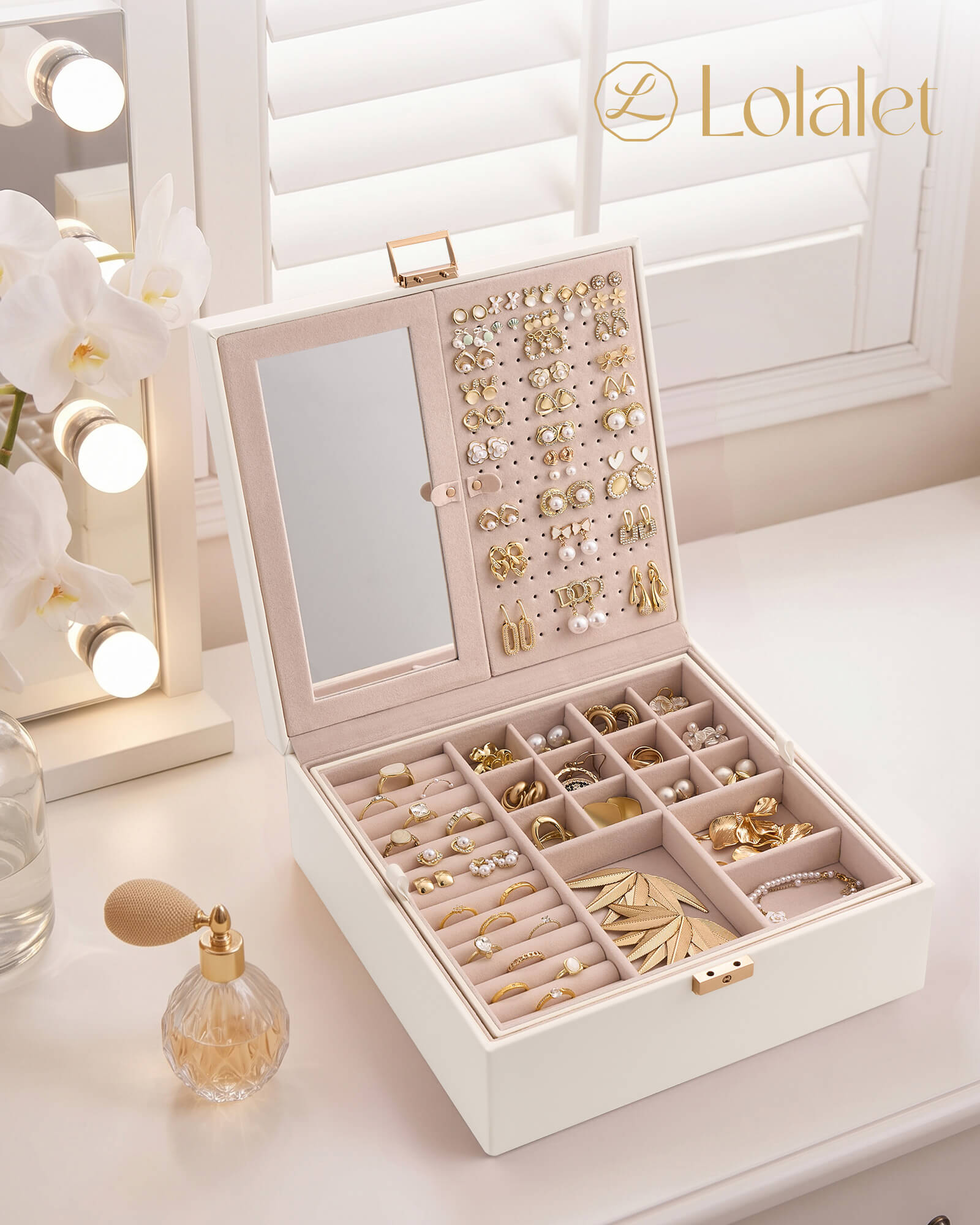 Lolalet Jewelry Box Schmuckkasten Weiß Spiegel Abschließbar