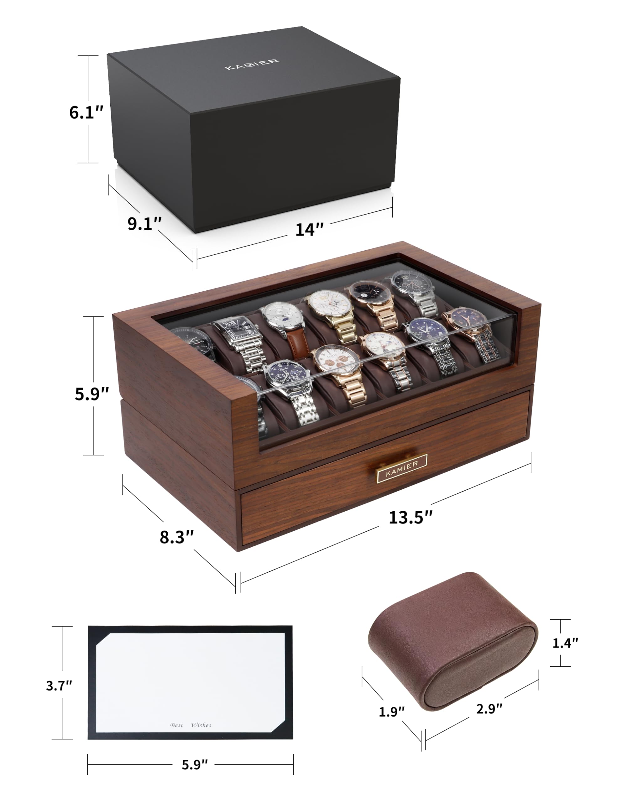 KAMIER Watch Boxes Uhrenbox 12 Fächer Walnuss Holz
