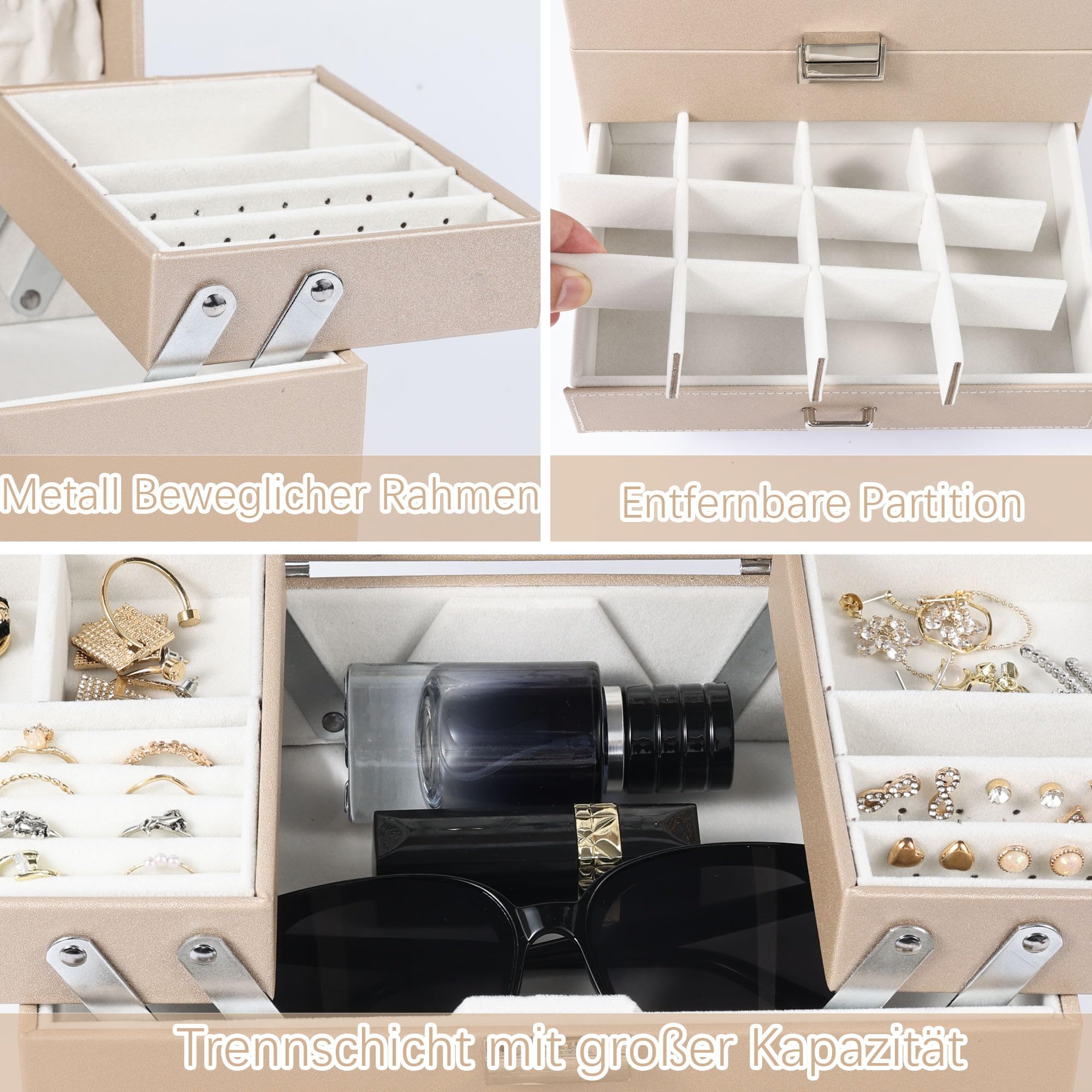 Dajasan Large Jewelry Box Schmuckkästchen Champagner 4 Ebenen