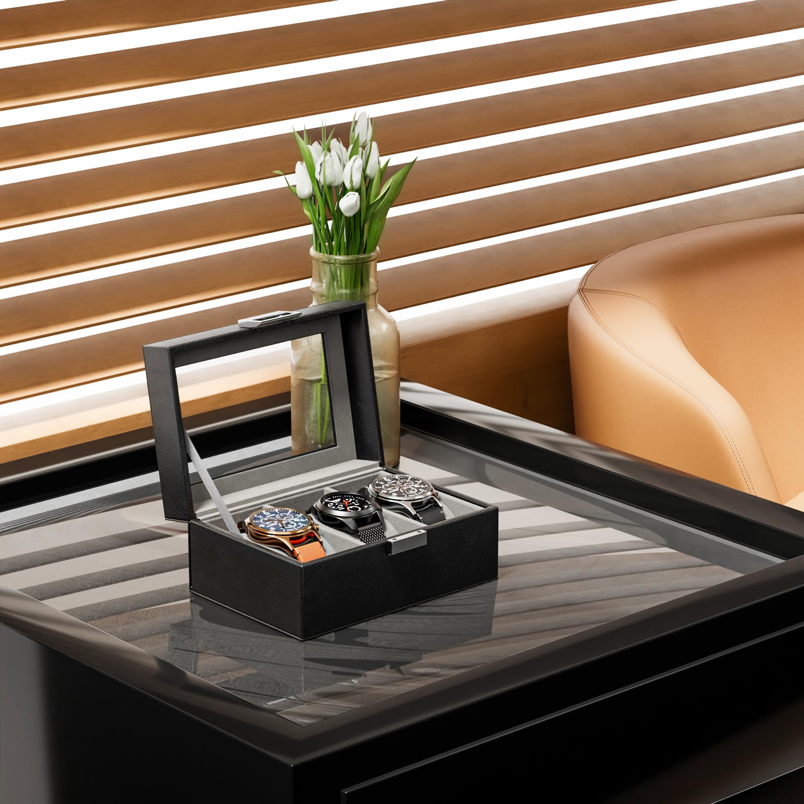 Lolalet Watch Box Uhrenbox Schwarz PU Glasdeckel Kissen