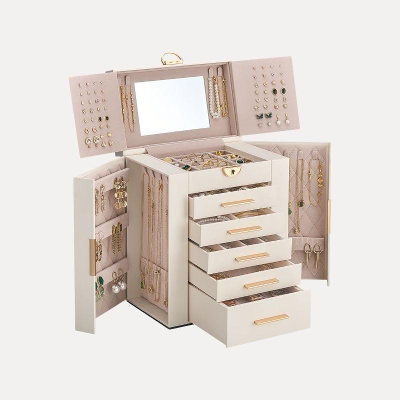Lolalet Jewelry Box Schmuckkasten beige 6 Lagen mit Spiegel